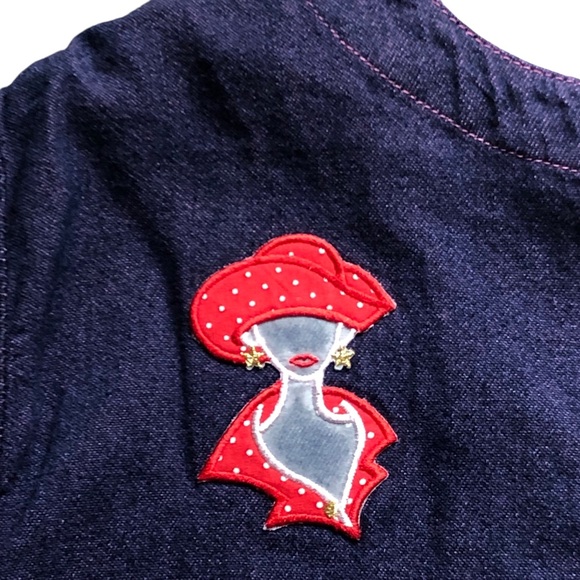 Vintage H & J Jean Dress 2XL Purple Tint Denim 2 Pockets Red Lady Hat Shoe Patch - Picture 9 of 12